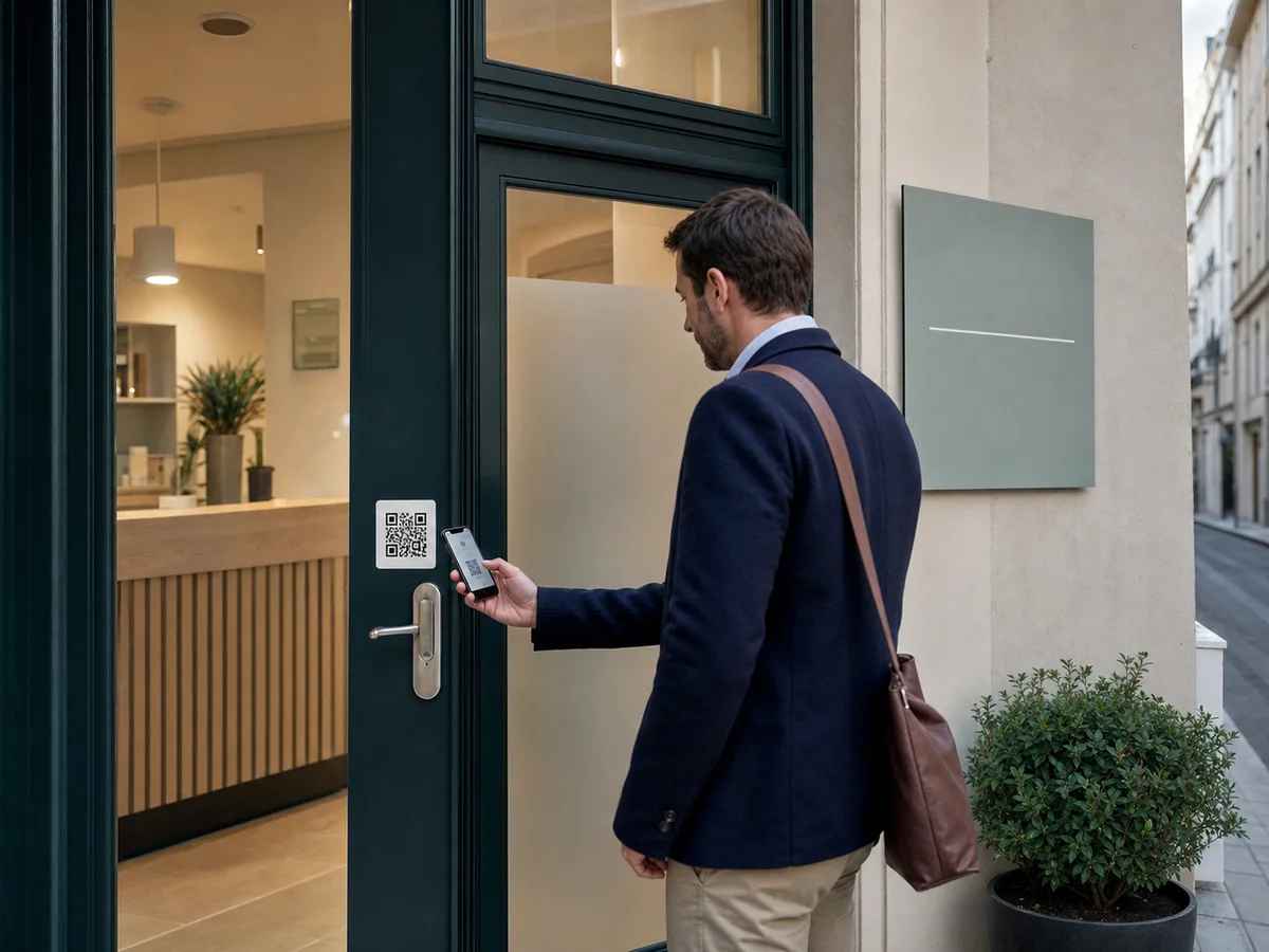 Visitor scans a QR code at an office or practice door